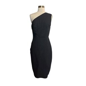 Scanlan Theodore Dress Size 10 Charcoal Gray One Shoulder Midi Embroidered